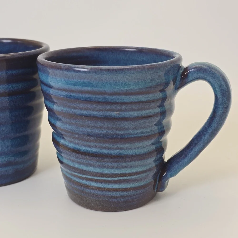 Rackliffe Pottery Blue Hill Maine Pair Signed Studio Pottery Blue Mugs - Picture 2 of 11